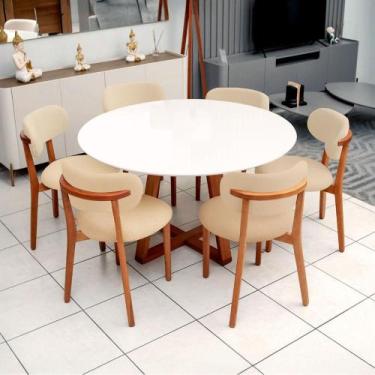Imagem de Mesa de Jantar 1,35m Redonda 6 Cadeiras c/ Base em Madeira Natural - C