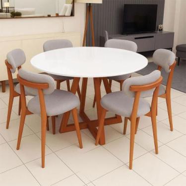 Imagem de Mesa de Jantar 1,35m Redonda 6 Cadeiras c/ Base em Madeira Natural - C