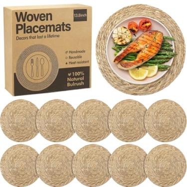 Imagem de Elcoho 10 peças de jogo americano de tecido redondo de 33,8 cm Boho Rattan Placemats de fazenda trançados, carregadores, tapetes de mesa de vime rústico para mesa de jantar