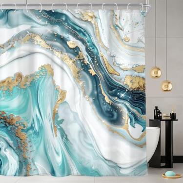 Imagem de Newsely Cortina de chuveiro de mármore azul-petróleo 152 cm L turquesa fluido dourado aqua moderno abstrato luxo rachado linhas textura conjunto de banheiro líquido à prova d'água acessórios de