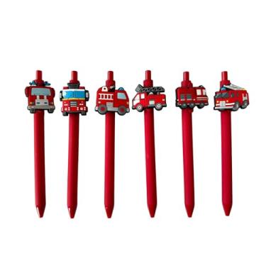 Imagem de QFSH 6 canetas esferográficas fofas com tema de caminhão de bombeiro, artigos de papelaria exclusivos, para material de escritório escolar, 1 mm, tinta preta