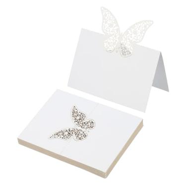 Imagem de PATIKIL 50 peças de cartões de casamento, corte a laser, borboleta de mesa, cartões de visita dobrados, cartões de nome para mesa de casamento, recepção de buffet, branco