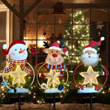 Imagem de Pacote com 3 estacas de Natal, decoração de estaca de Natal, luz solar para jardim ao ar livre, boneco de neve/Papai Noel, rena, estacas de quintal com luzes de LED à prova d'água para casa, gramado, caminho, Natal, decoração de inverno