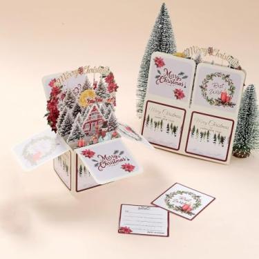 Imagem de Cartão de felicitações de Natal pop-up 3D, Feliz Natal com boneco de neve e Papai Noel, cartão festivo de Natal com poinsétia e árvore de Natal