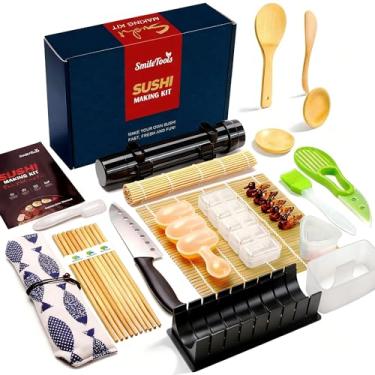 Imagem de SmileTools Kit de fabricação de sushi, kit de rolo de sushi 28 em 1 com tapetes de bambu, bazuca de sushi, molde de sushi Nigiri Gunkan, fabricante de musubi, molde de bola de arroz e mais