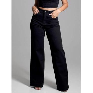Imagem de Calça Wide Leg Feminina Sawary Sarja Preta Cintura Alta Original Quali