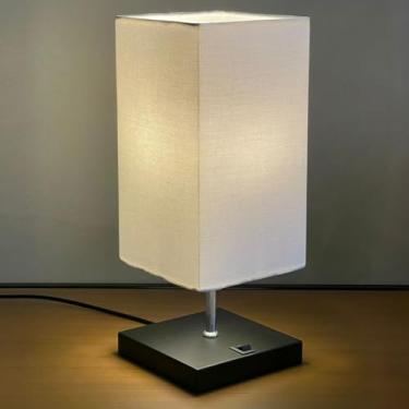 Imagem de Abajur luminária de Mesa Clássico Quadrado Preto de Aluminio Com Interruptor Com Cúpula Branco Ref 49 Decoração Casa e Sala, Escritório, Quarto, cama