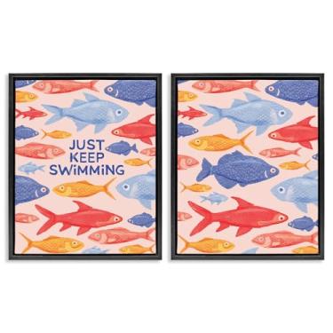 Imagem de Stupell Industries Just Keep Swimming Motivating Fish Conjunto de tela flutuante com moldura preta de 2 peças, design por The Paper Curator, 78 x 63 cm