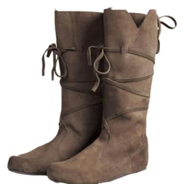 Imagem de Helltaker Botas masculinas renascentistas marrons cosplay Halloween pirata viking steampunk botas longas, Caqui, 38