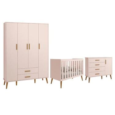Imagem de Dormitório Infantil Isis Guarda Roupa 4 Portas, Cômoda 1 Porta E Berço Rosa - Reller Móveis Rosa