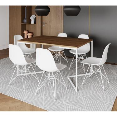 Imagem de Mesa Industrial Jantar Retangular 137X90Cm Amêndoa Base V Com 6 Cadeiras Eames Eiffel Brancas Ferro