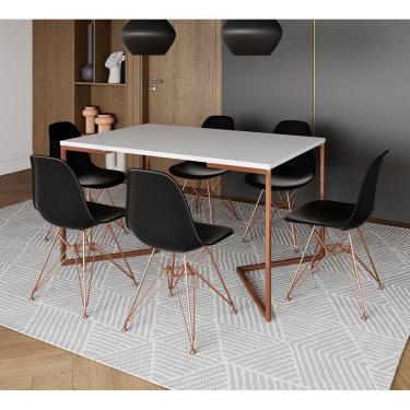 Imagem de Mesa Jantar Industrial Retangular 137X90Cm Branca Base V Com 6 Cadeiras Pretas Base Cob Cor: Branco