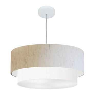 Imagem de Lustre Pendente Duplo Cilíndrico Vivare Md-4353 Cúpula Tecido 60x50cm - Bivolt Linho-bege-branco 127/220v
