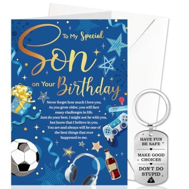 Imagem de DPKOW Cartão de aniversário filho e chaveiro dos pais, presentes de feliz aniversário para filho, cartão de felicitações de dia B com envelope, chaveiro de aço inoxidável com saco de cordão de veludo