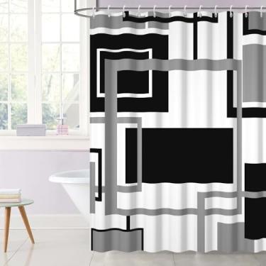 Imagem de OERJU Cortina de chuveiro geométrica moderna de tecido preto conjunto de cortina de chuveiro com ganchos preto e branco cinza abstrato cortinas de banheiro à prova d'água lavável banheiro banheira
