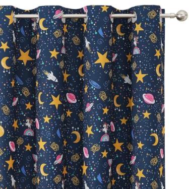 Imagem de Estelar Textiler Cortinas blackout com tema de lua e estrela azul marinho para quarto de meninos, bloqueio de luz, isolamento térmico, unicórnio, foguete, estampado, ilhós, cortinas de janela para