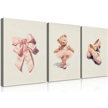 Imagem de 3 peças de arte de parede em tela de urso decoração de parede quarto infantil decoração de parede bonito pôster impresso pintura rosa vestido urso bailarina arte 40,6 x 61 cm