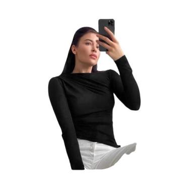 Imagem de Camiseta Cropped Feminina De Manga Longa Branca Básica Com Decote Assi