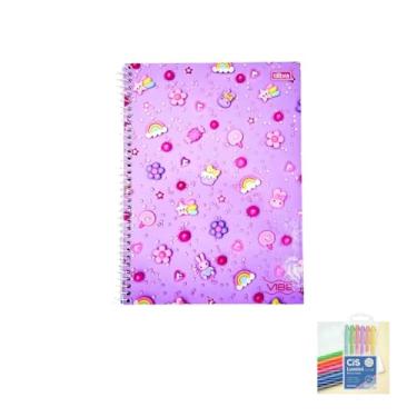Imagem de Kit Caderno Universitário Vibe Feminino 10M 160F Tilibra + Caneta Esferográfica Spiro 0.7mm Pote com 24 Unidades Sortidas + Marca Texto Lumini Pastel Estojo com 06 Cores