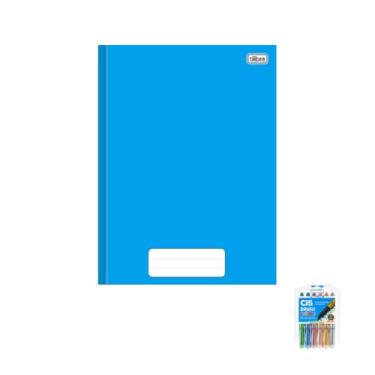 Imagem de Kit Caderno Tilibra Capa Dura Azul 80 Folhas + Caneta Esferográfica Cis 0.7mm + Marcador Artístico Estojo 6 Cores