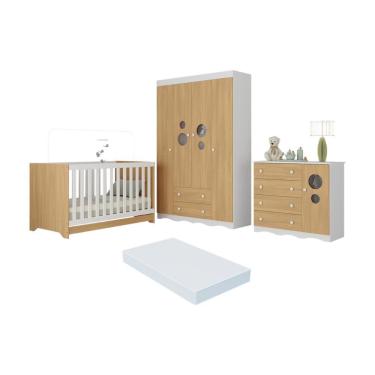Imagem de Quarto De Bebê Completo Berço Americano 3 Em 1 Colchão Sonho Multimóveis MP4631 Branco-madeirado