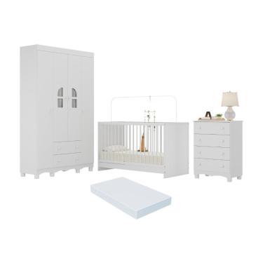 Imagem de Quarto De Bebê Completo Com Berço 3 Em 1 Com Colchão Incluso Aurora Multimóveis MP4572 Branco