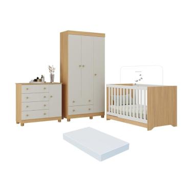 Imagem de Quarto De Bebê Completo Berço Americano 3x1 Colchão Allegra Multimóveis MP4606 Madeirado-off White