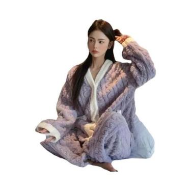 Imagem de Conjunto De Pijama Feminino De Veludo Grosso Acolchoado Outono Inverno