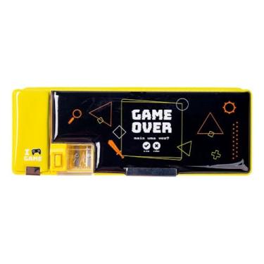 Imagem de Estojo Organizador Escolar Geek Game Over com Apontador Integrado, Amarelo e Preto, Plástico, 24.6x9.2x3.3cm