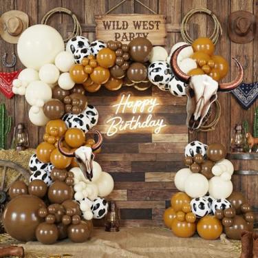 Imagem de BlissBash Kit de guirlanda de arco de balão ocidental com balões de cabeça de touro com estampa de vaca marrom e branco para pano de fundo de festa com tema de caubói, decorações de aniversário de