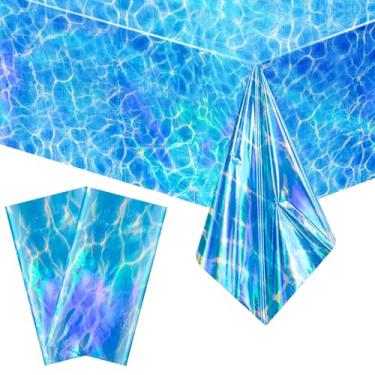 Imagem de PHOGARY 2 toalhas de mesa iridescentes de ondas do oceano, toalha de mesa de plástico descartável, toalha de mesa retangular com estampa de onda de água para decorações de verão, aniversário, piscina