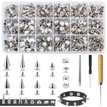 Imagem de 555 peças de pinos punk para roupas, 10 tamanhos de pontas de metal e rebites de couro para artesanato, rebites de pirâmide quadrados, rebites de cúpula redonda, bricolage, estilo punk, decoração para