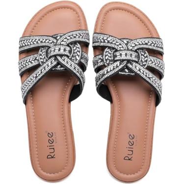 Imagem de Ruiee Sandálias rasteiras femininas de largura larga, moderno, diamante, brilhante, casual, elegante, confortável, noiva, casamento, verão, sem cadarço, sandálias de pés largos para mulheres., Preto
