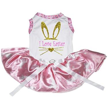 Imagem de Petitebella Vestido para cachorro I Love Easter Bunny Face (branco/rosa com bolinhas de coelho, 2GG)