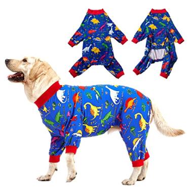 Imagem de LovinPet Roupas Pitbull para cães grandes, cuidados com feridas/roupas para cães pós-cirurgia, estampa de dinossauros do mundo perdido, proteção UV, alívio da ansiedade de animais de estimação,