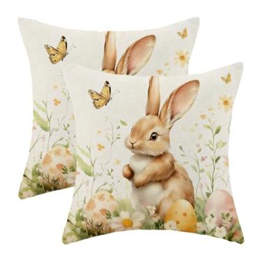 Imagem de Sorktse Capas de almofada de páscoa 45,7 x 45,7 cm, conjunto de 2 almofadas de ovos de coelhinho da páscoa, decoração ao ar livre, capa de almofada de linho para cama, sofá, sofá