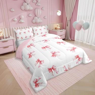 Imagem de Erosebridal Jogo de cama Queen com laço para meninas e mulheres, estilo princesa sonhadora, para decoração de quarto de crianças e adolescentes, colcha de laço kawaii rosa, edredom romântico para dia