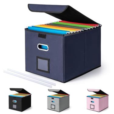 Imagem de CADONO Caixa organizadora de arquivos com tampa, grande organizador de pastas de arquivos com corrediça de plástico, caixas de armazenamento portáteis dobráveis para escritório/decoração/casa (azul