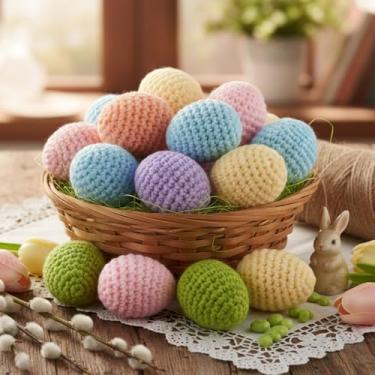 Imagem de Lyrow 18 peças de decoração de ovos de Páscoa tricotados feitos à mão, ovos pastel, decorativos, para enfeites de pendurar para cesta de Páscoa, tigela de árvore, peça central, lembrancinhas de festa