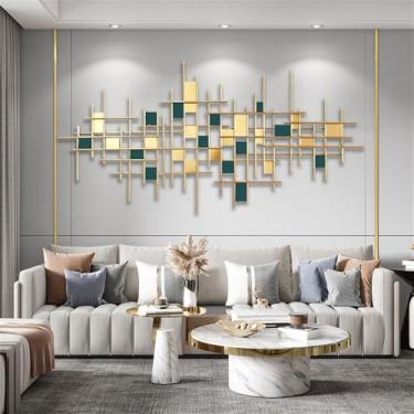 Imagem de Grande decoração de arte de parede de metal dourado esculturas verdes para sala de estar, decoração de parede abstrata geométrica para pendurar na parede, arte mural para quarto, escritório, sala de