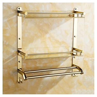 Imagem de Prateleira de banheiro de cobre para perfuração, prateleira de chuveiro, 2 camadas, cesta de armazenamento com toalheiro ajustável, ganchos dourados