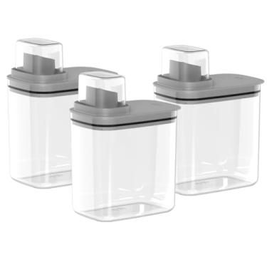 Imagem de Kit 3uni. Dispenser Lavanderia Multiuso Acrilic 1,5L C/Tampa Dosadora Porta Sabão Em Pó Líquido Amaciante Ração Grãos Flow OU - Cinza