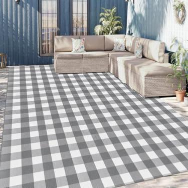 Imagem de Fixseed Tapete xadrez Buffalo lavável ao ar livre, 20 x 25 m, cinza e branco, tapetes de pátio tecidos à mão com almofada antiderrapante para casa de fazenda/sala de jantar/quarto/sala de estar
