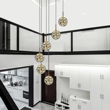 Imagem de Luminária pendente LED, luminária pendente moderna com esfera de vidro para sala de estar, luminária de cristal regulável para mesa de jantar ou escada, luminária de teto para corredor ou es