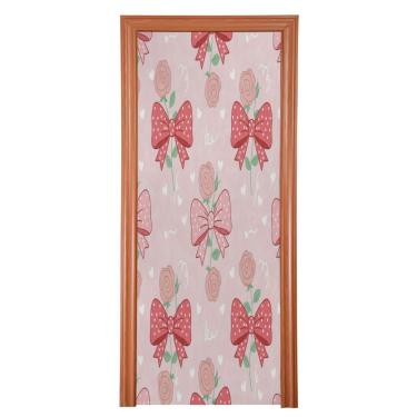 Imagem de ATTX Capa de porta de frente rosa com laço de dia dos namorados - decoração de férias de tecido elástico lavável para festas, casa, decoração de porta da frente, 91 x 98 polegadas (111)