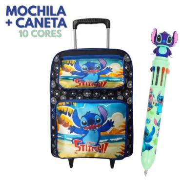 Imagem de Mochila Grande de Rodinhas Stitch Resistente c/ Bolso Frontal e Caneta