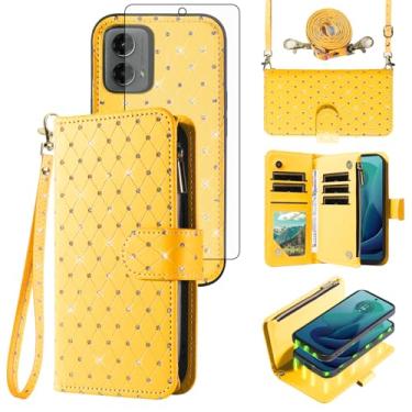 Imagem de Capa carteira compatível com Motorola Moto G 5G 2024 com zíper destacável e protetor de tela de vidro temperado alça transversal com glitter flip porta-cartões para celular G5G 5 G G5 feminino amarelo