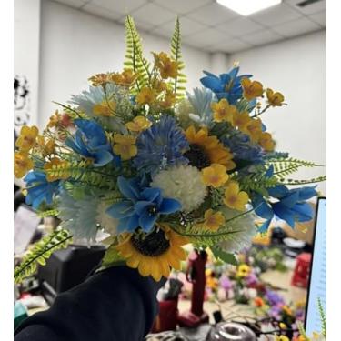 Imagem de GYWJJ Mini girassóis artificiais azuis e amarelos, buquê de casamento, arranjos florais de seda para casa, cozinha, mesa, escritório, decoração