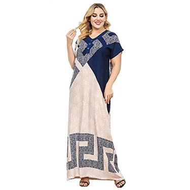 Imagem de 3FLQOOPP Vestido casual plus size modesto longo saia terno para mulheres roupão feminino alto manga curta (azul médio)