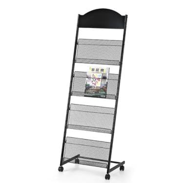Imagem de Porta-revistas de chão, suporte de revista móvel de ferro de 4 camadas, suporte de exibição com rodízios para exposições, shoppings, hospitais, escritórios (preto)